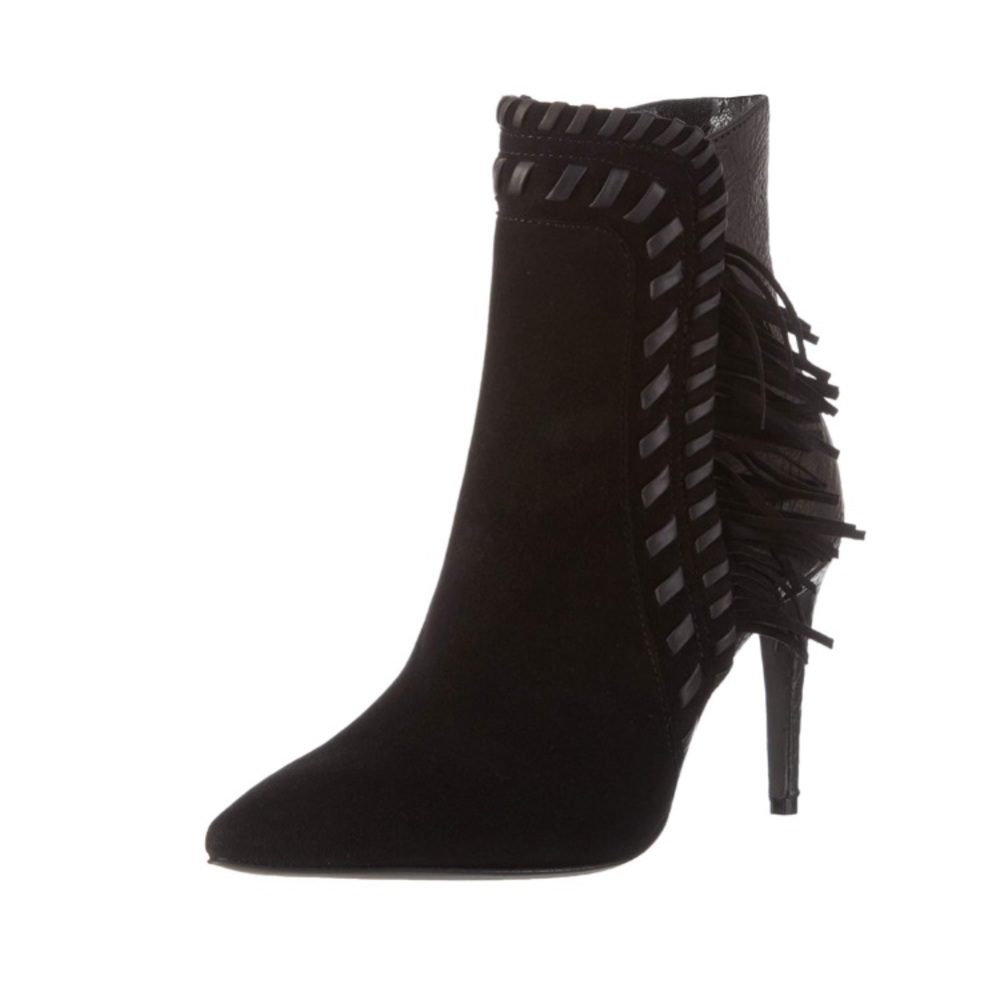 Designer black suede leather fringe booties 9.5